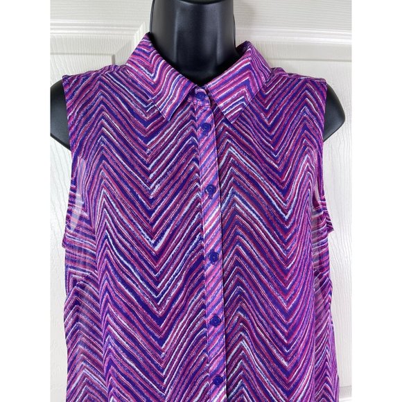Cato Blouse Sleeveless Sheer Purple Pink White Striped Collar Button Size Medium - Picture 3 of 10